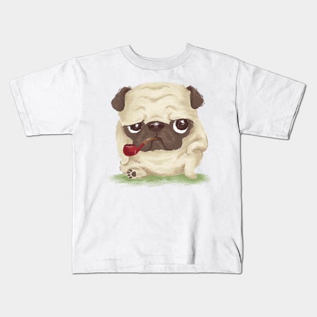 Pug dog which held the pipe in its mouth Kids T-Shirt by sanogawa